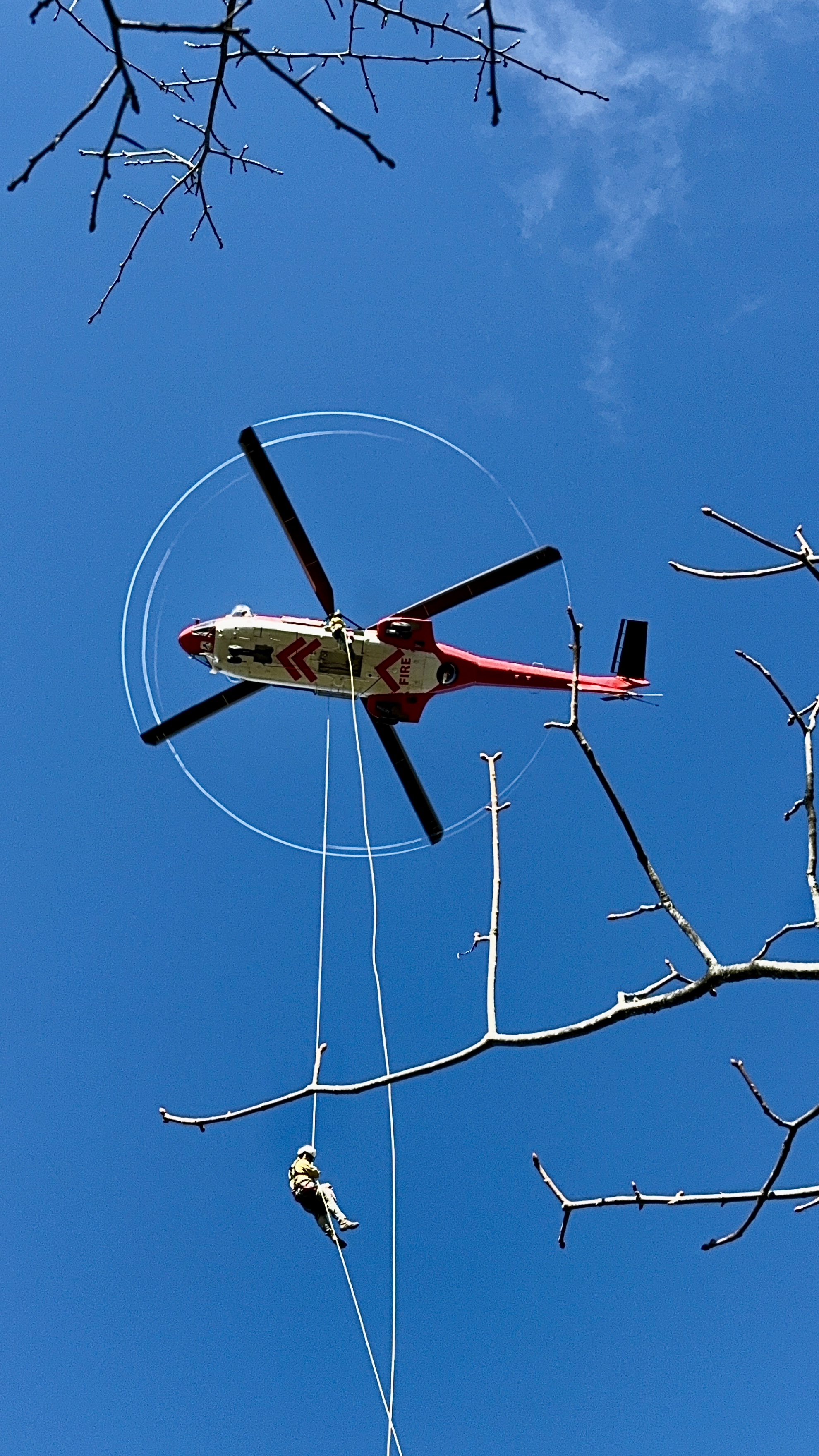 A heli-rappeller descends beneath a wildfire helicopter, showcasing the aerial insertion capability used to reach remote fires.