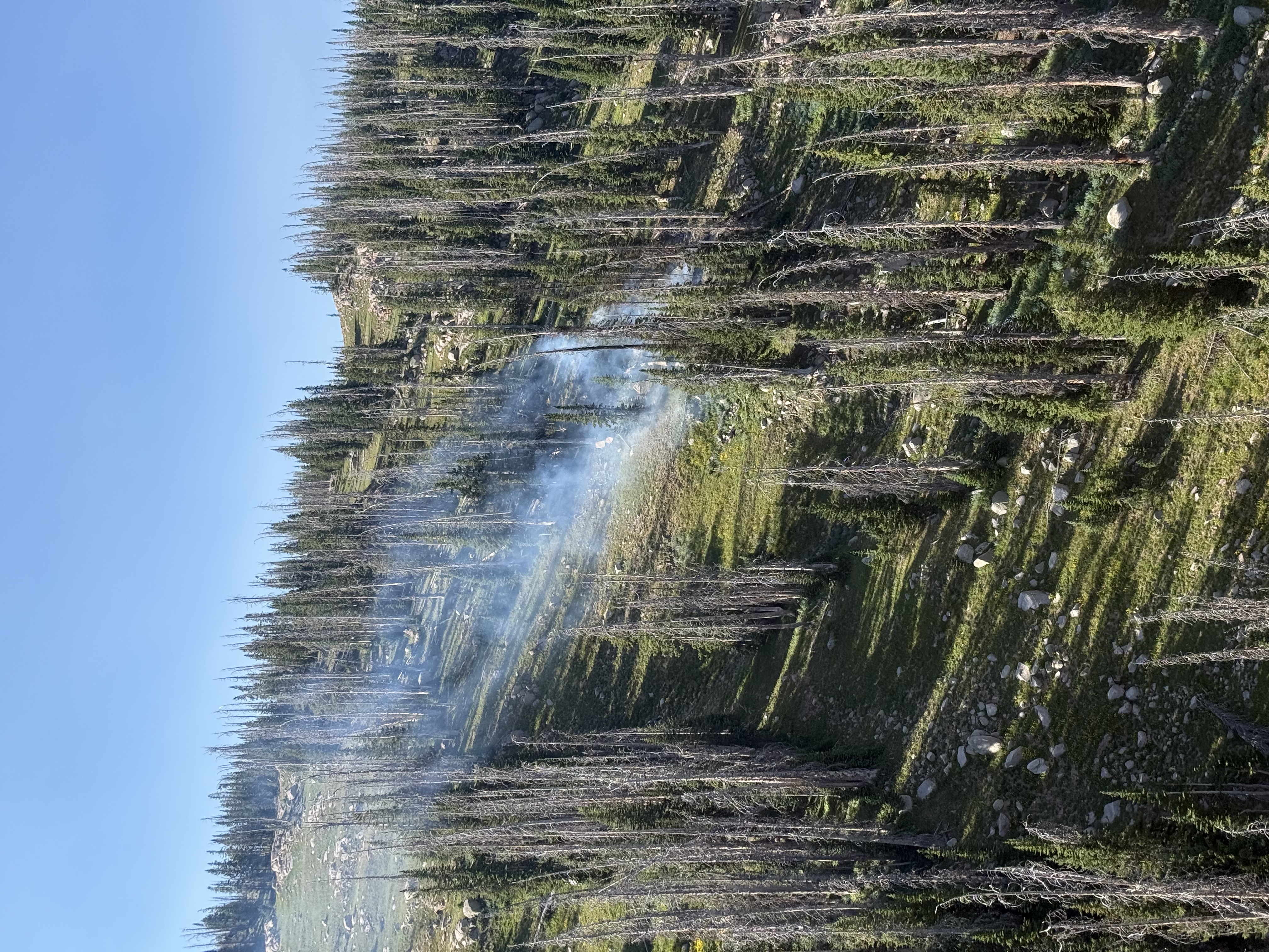 A remote wildfire smolders across steep mountain terrain, the kind of backcountry start where helicopter initial attack can make the difference.