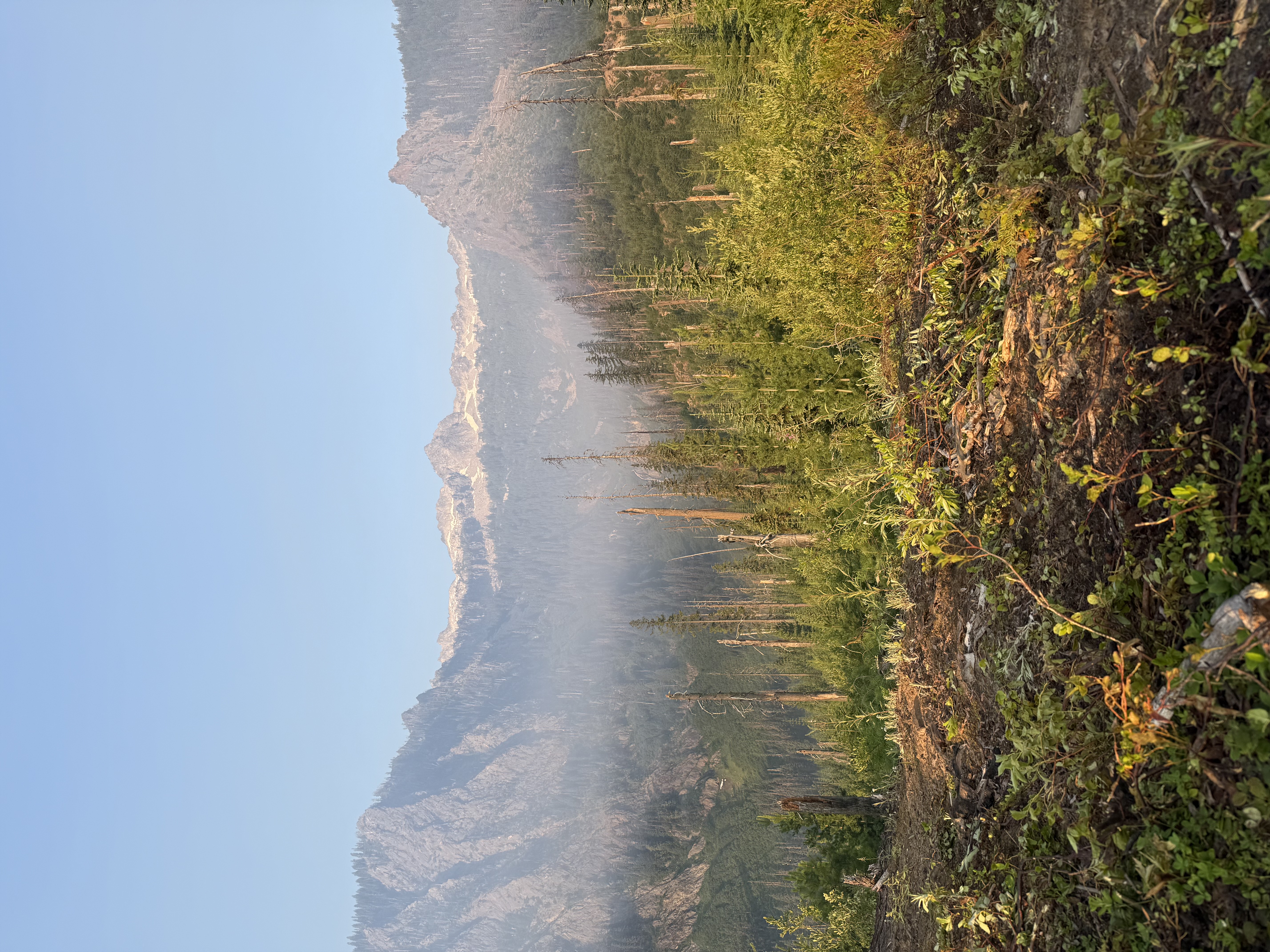 Fresh fireline cuts through rugged mountain country, showing the remote terrain wildland firefighters work to contain during initial attack.